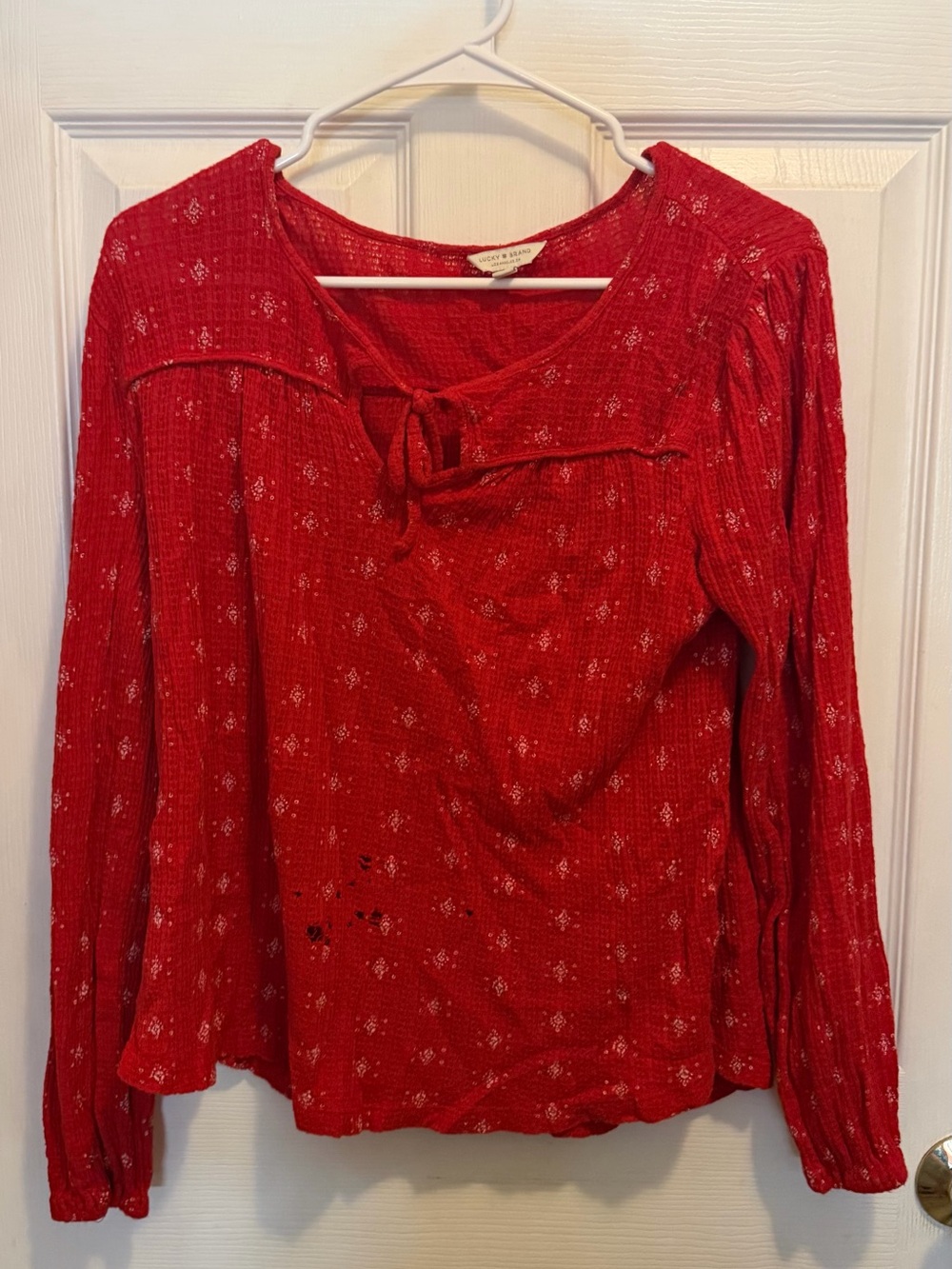 Lucky Brand Red Long Sleeve Tie-Front Peasant Top